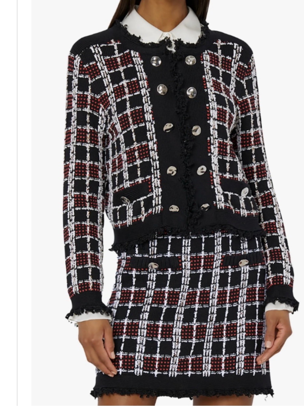 Milly Black, White & Red/orange Plaid Tweed Cardigan